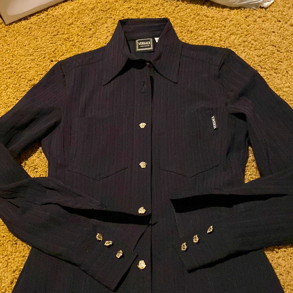 EUC Versace Stretch Crepe Black Button Down with Medusa Buttons Size XS